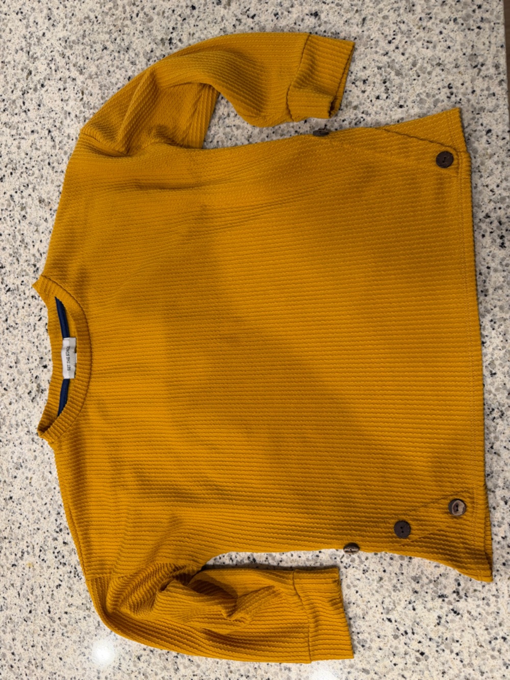 Textured Mustard Button-Hem Pullover Top
